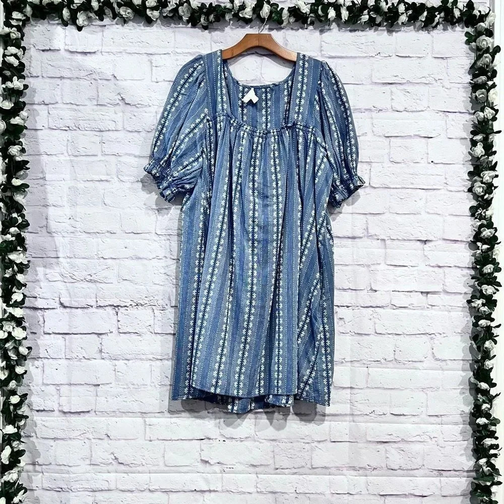 Treasure & Bond Denim Embroidered Puff Sleeve Mini Dress Boho Casual Size XL - Picture 3 of 12